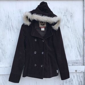 Vtg Billabong Corduroy Brown Jacket Coat Fur Trim Hood S Y2k Grunge Peacoat 90s